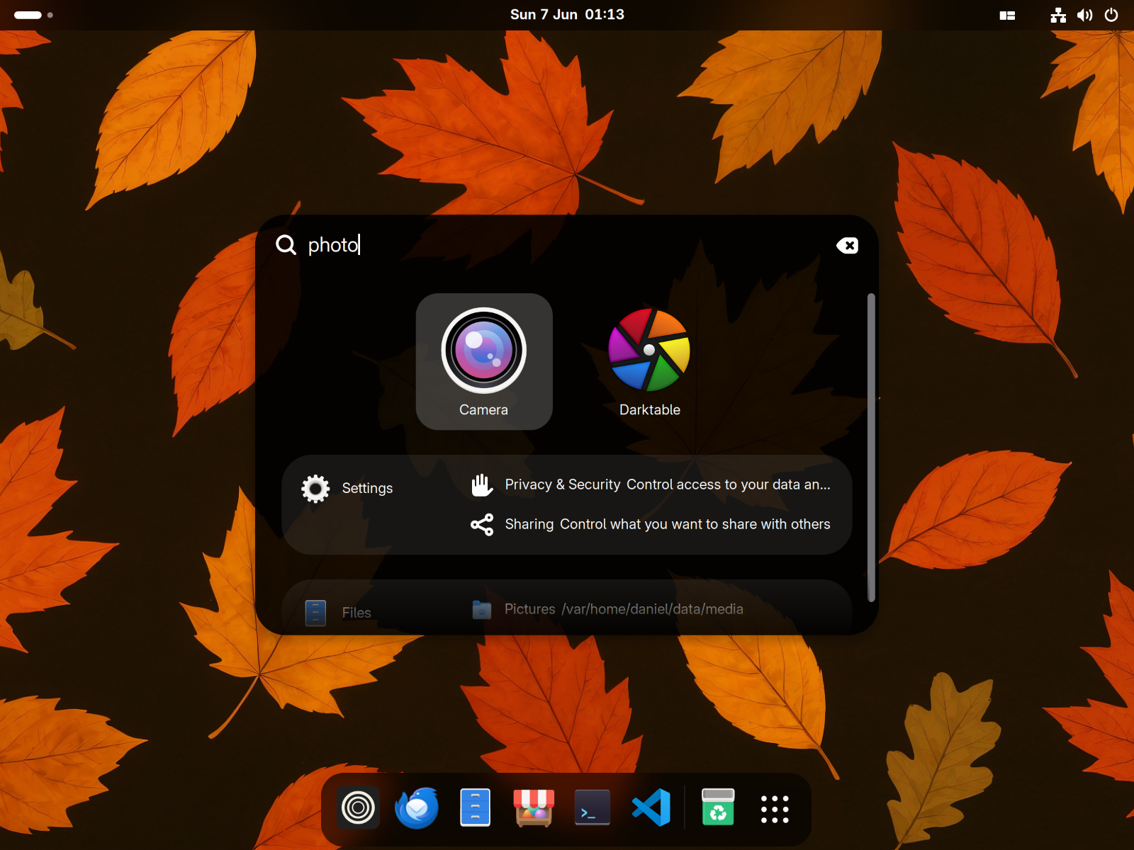 GNOME Activities with search open showing Margine extensions and dock