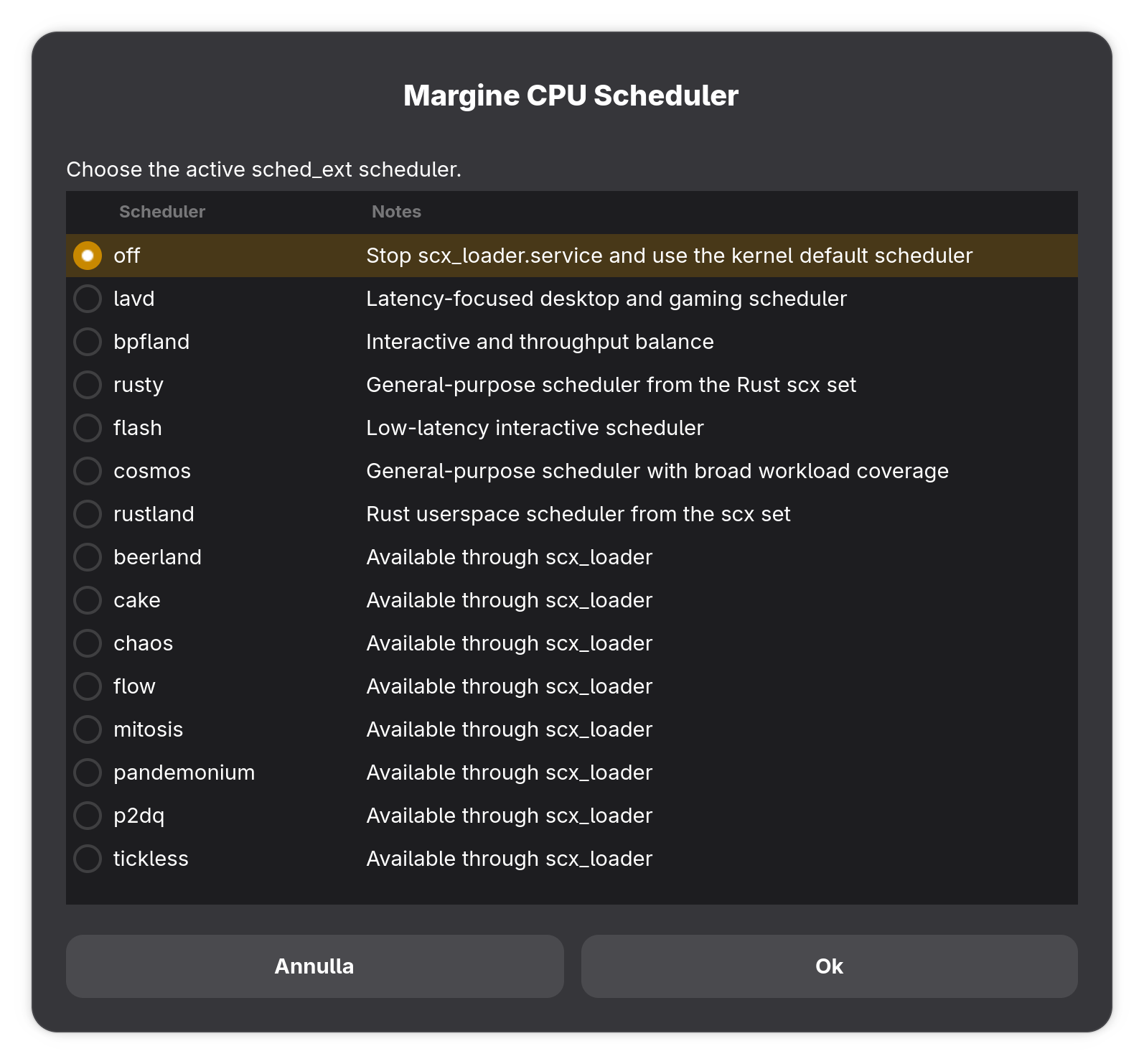Margine CPU Scheduler picker listing the shipped sched_ext schedulers