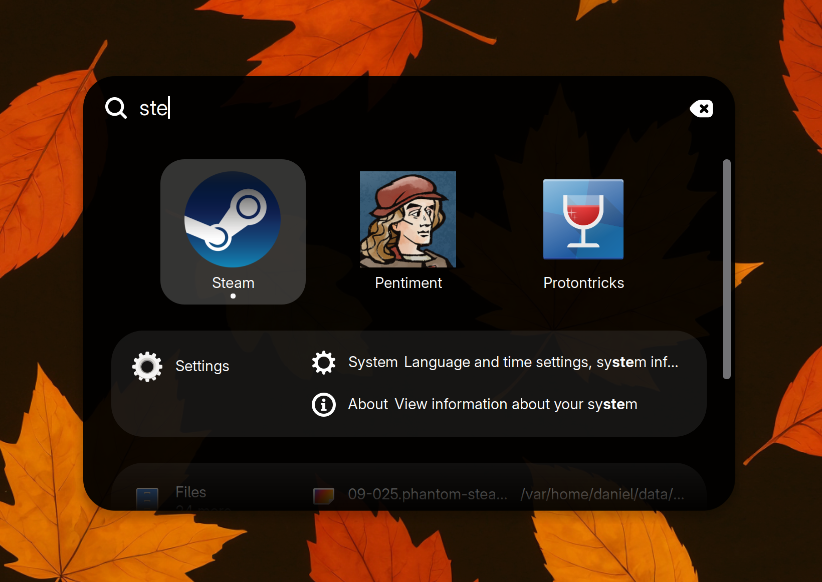 GNOME search with "ste" typed, showing the Steam result
