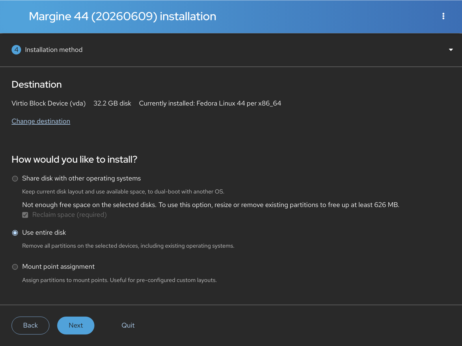 Anaconda Web UI installation method with the destination disk and the three install options