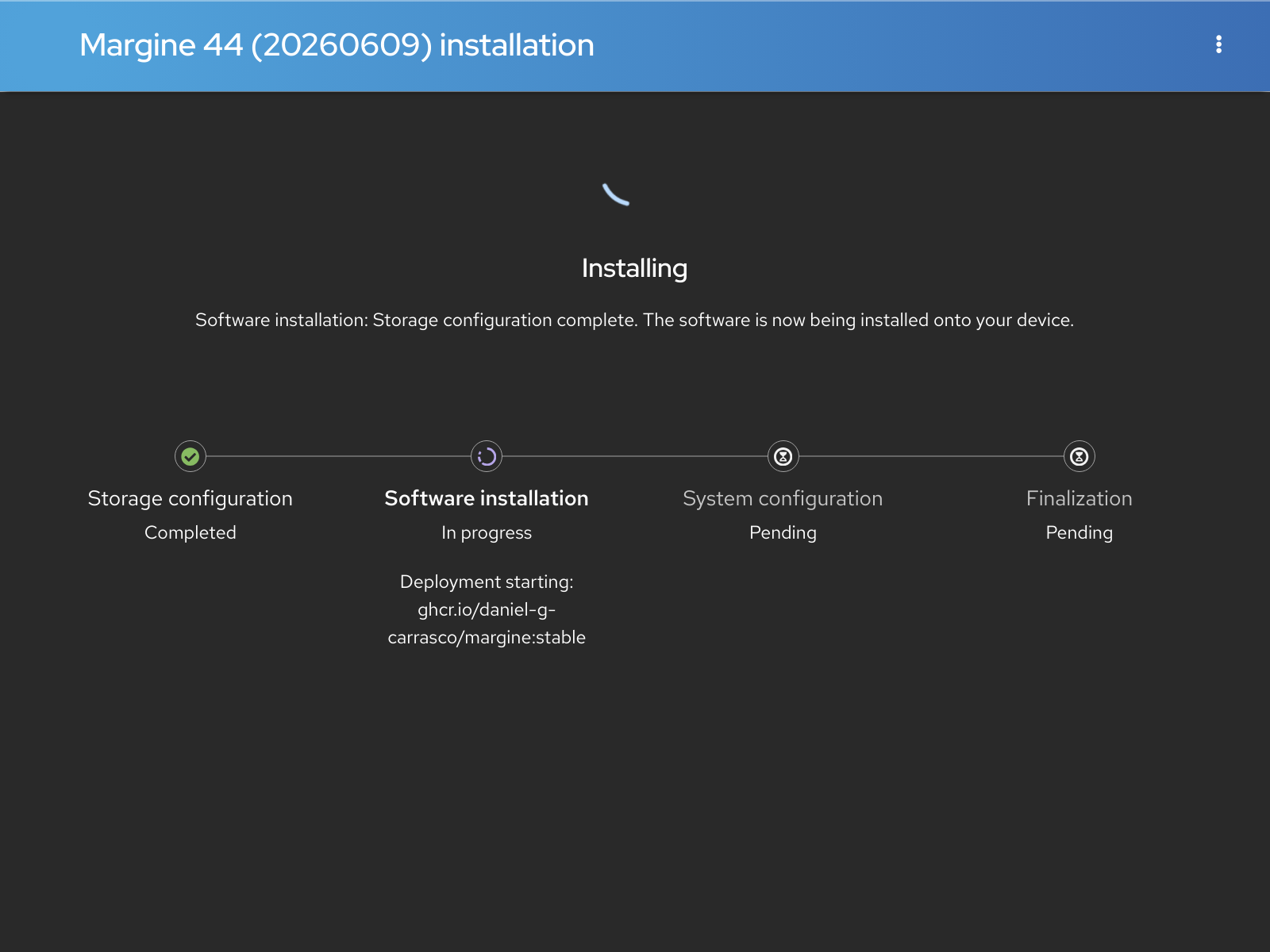 Anaconda Web UI installation progress showing the bootc image deploying