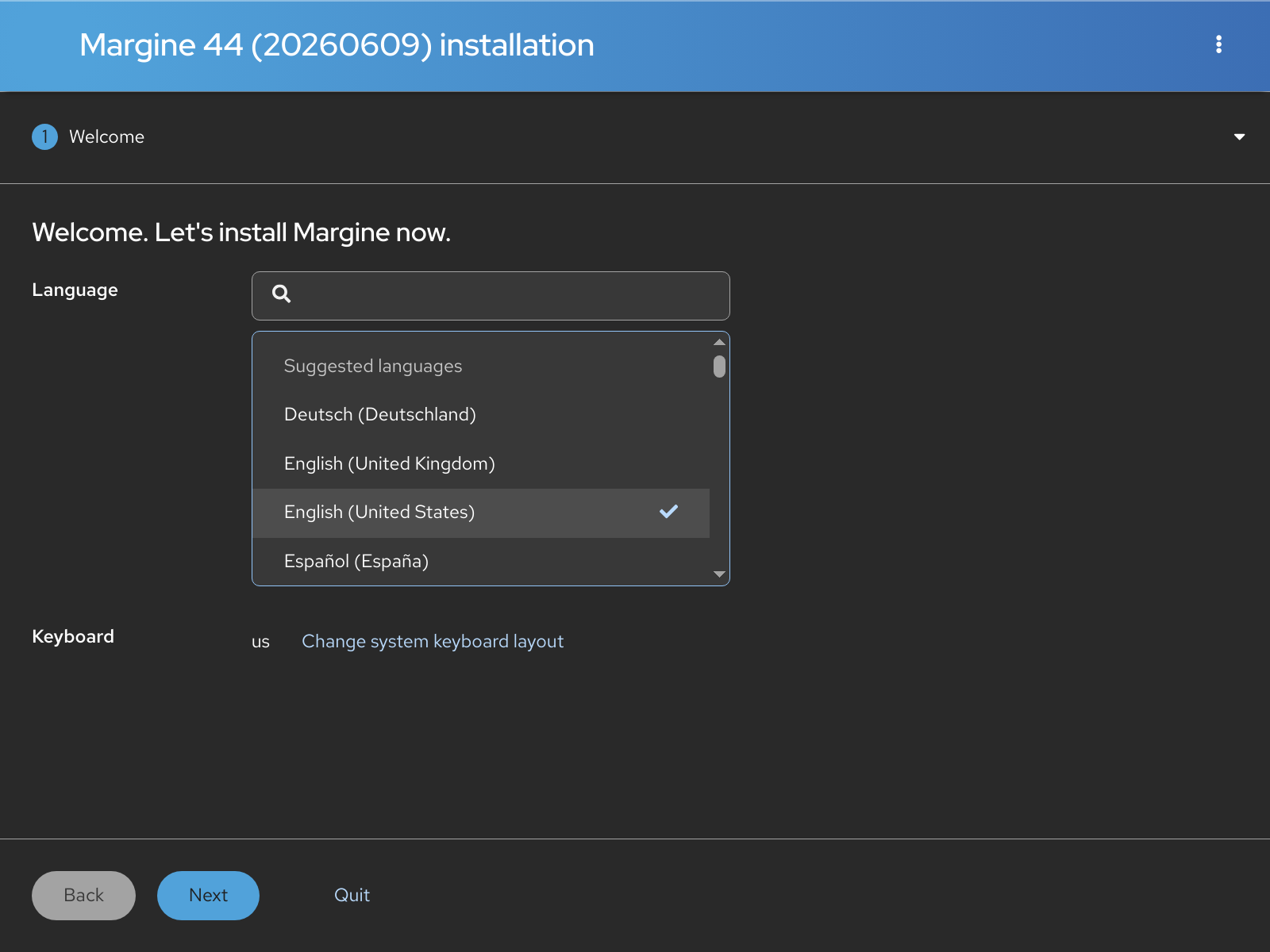 Anaconda Web UI welcome step with language selection