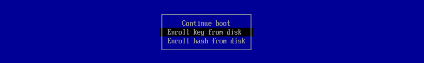 MokManager main menu: Continue boot / Enroll key from disk / Enroll hash from disk