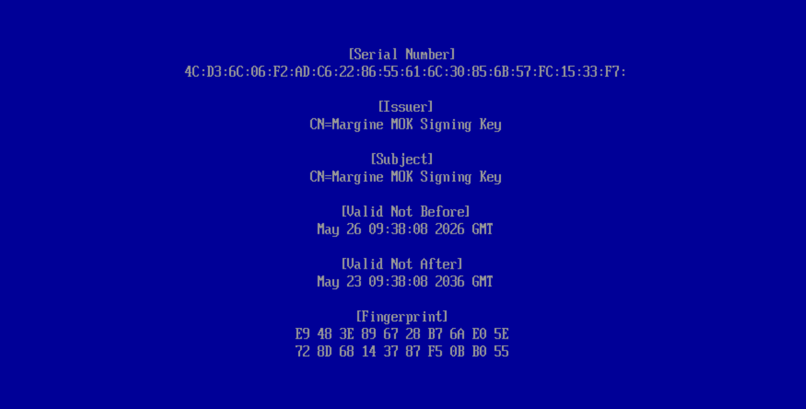 MokManager certificate details: CN=Margine MOK Signing Key and the SHA-1 fingerprint
