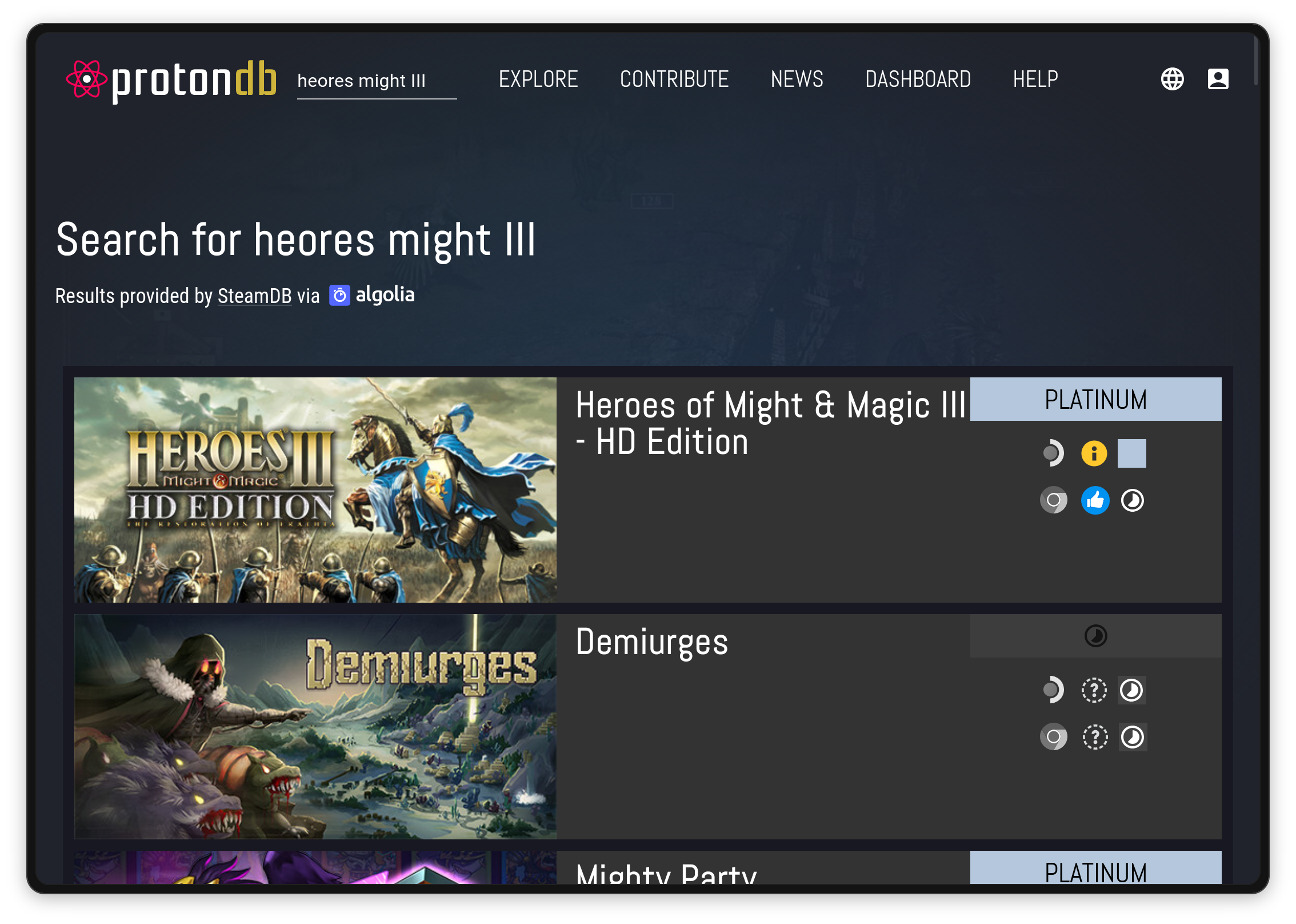 ProtonDB search result showing a Platinum-rated game