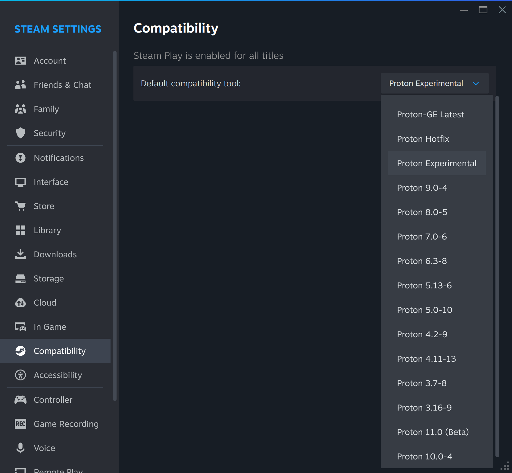 Steam → Settings → Compatibility with the Default compatibility tool dropdown open