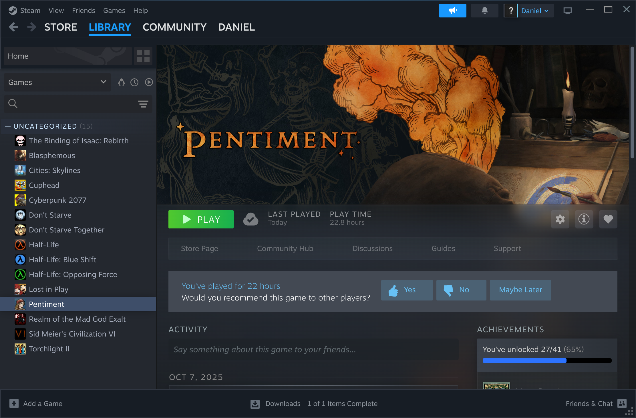 Steam Library with a game selected and the Play button